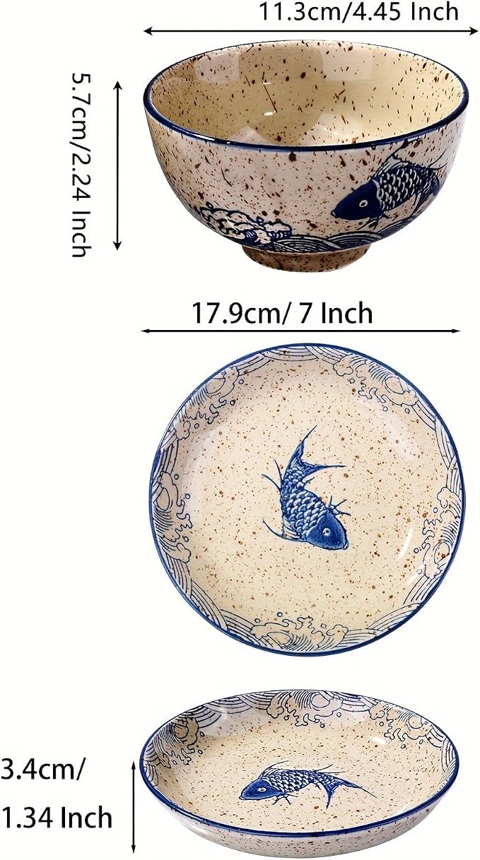 Ceramic Dinnerware Set of 8,4 Pieces 7 Inch Plates and 4 Pieces 4.45 Rice Bowls, Dishwasher & Microwave Safe