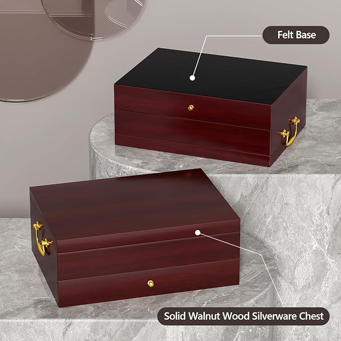 Solid Walnut Silverware Storage Box, 2-Layer Silverware Chest with Drawer, Flatware Case with Lid and Felt Lined, Wood Flatware Storage Box Holds 12-16 Sets of Utensils, Wedding Housewarming Gifts