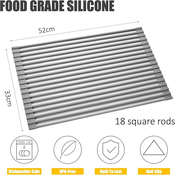Mistifi Silicone-Coated Stainless Steel Over The Sink Multipurpose Roll-Up Dish Drying Rack, 20.8"X13.2", Heat Resistant Non Slip Dish Draining Rack BPA Free Dishwasher Safe (L, Gray)