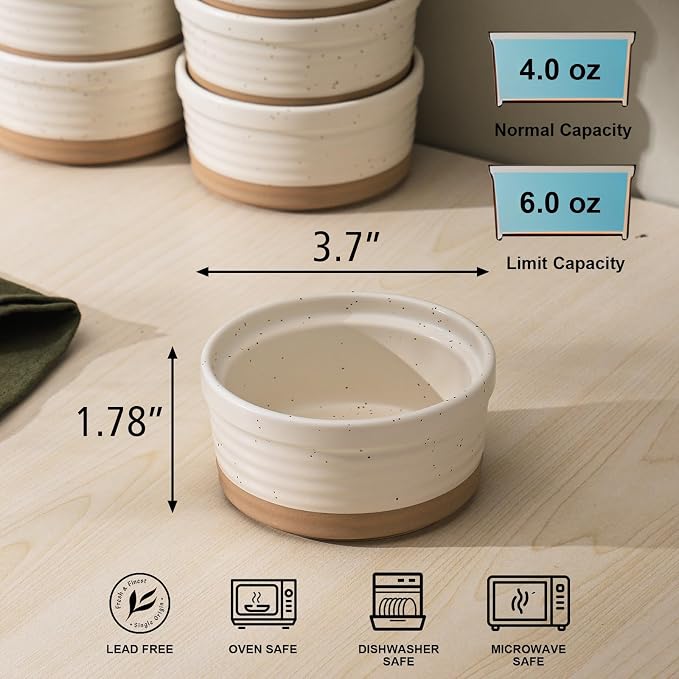 Frewinky Ceramic Ramekins 6 oz Set of 6, Creme Brulee Cups and Sauce Bowls | 6 oz ceramic ramekins for creme brulee, custard, dipping sauces and condiments, with an oven-safe, stackable design.