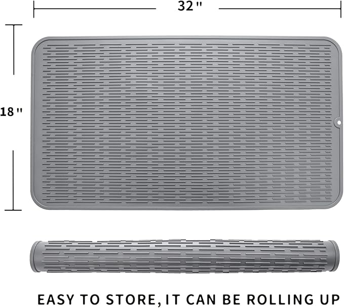 MicoYang Silicone Dish Drying Mat for Multiple Usage,Easy clean,Eco-friendly,Heat-resistant Silicone Mat for Kitchen Counter or Sink,Refrigerator or Drawer Liner Grey 4XL 32 inches x 18 inches