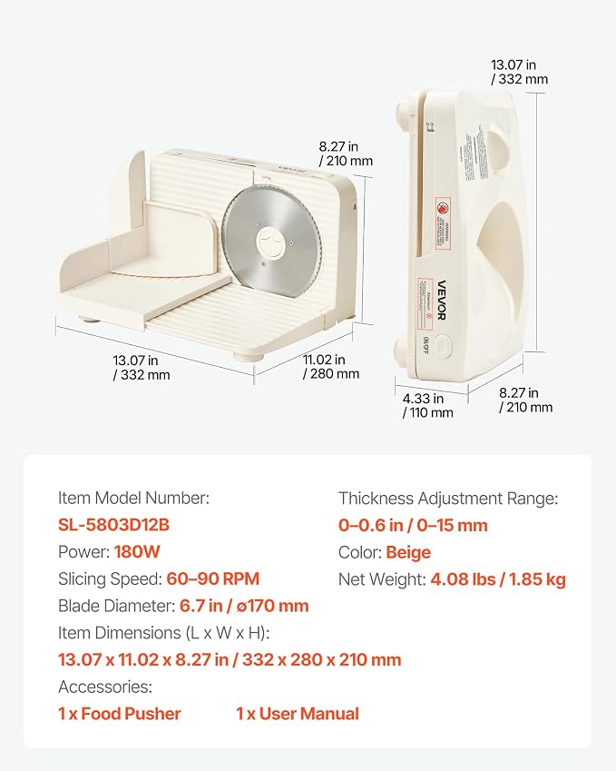 VEVOR Meat Slicer, 6.7" Foldable Electric Cutter with Dual Security Lock, 0-0.59" Adjustable Thickness, Easy to Clean, 180W Home Food-Slicer for Frozen Meat, Ham, Baguett, Steak