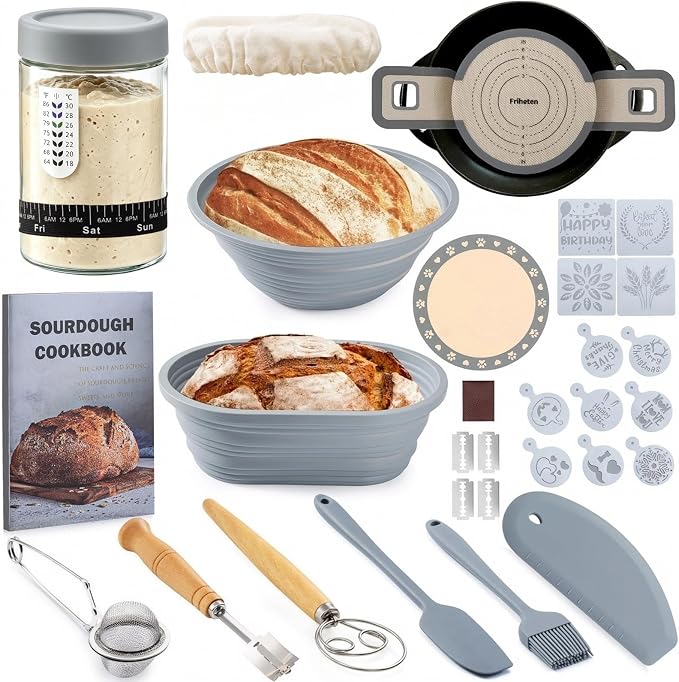 Sourdough Starter Kit, Sourdough Bread Baking Supplies, 40oz Sourdough Starter Jar, Silicone Banneton Bread Proofing Basket Set with 9" Round & 10" Oval,Artisan Bread Baking Tools,Silicone Bread Sling