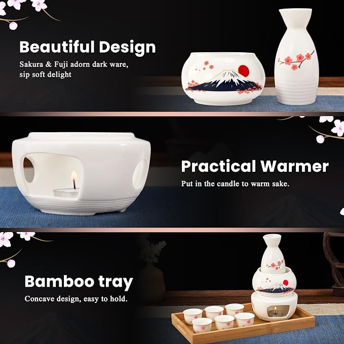 DUJUST 10 pcs Japanese Sake Set with Warmer for 6, Sakura & Fuji Design Porcelain Sake Set, 6 Sake Cups, 1 Bottle, 1 Warmer, 1 Candle Stove, 1 Tray & 1 Box, Warm Sake Carafe, Japanese Gifts - White