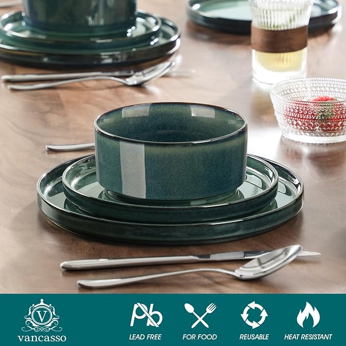 vancasso Starry Plates and Bowls Sets,12 Pieces Green Dinnerware Sets for Kitchen,Modern Stoneware Dishes Set for 4,Dishwasher and Microwave Safe