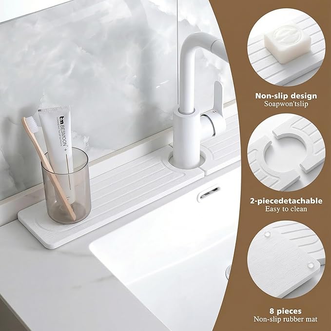 Faucet Mat for Kitchen Sink -Diatomite Stone Drying Mat for Kitchen Counter & Bathroom Sink,Quick-Dry Kitchen Sink Mat-Sink Protector & Splash Guard,Super Absorbent (White, 15.8"x4")