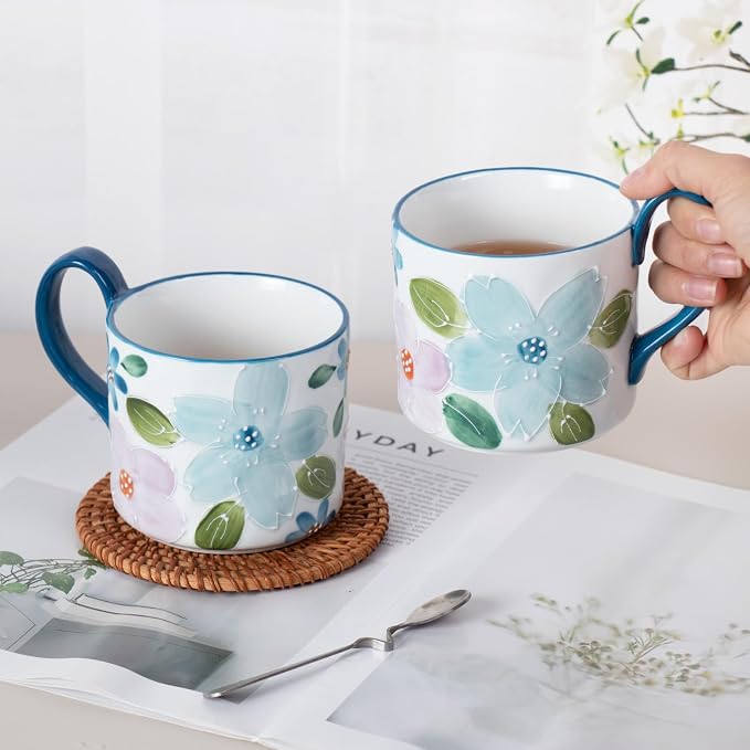 KAMMAK Ceramic Coffee Mug, 13.5oz Blue Mugs Set of 2, Novelty Cup for Tea, Juice, Milk, Cute Porcelain Water Cups with Handle for Women, Dishwasher and Microwave Safe
