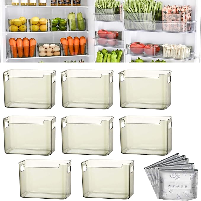 Crystal Clear Freezer Storage Bins - 4 Pack Stackable Freezer Organizer Bins, Clear Plastic Kitchen Cabinet Organizer for Meat, Veggies & Fruit (Green, 8pcs-L)