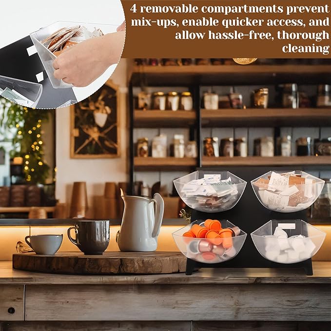 DoubleFill 15.5''x10''x 10.5'' Coffee Condiment Packet Organizer with 4 Removable Compartments Steel Coffee Caddy Station Creamer Sugar Tea Holder for Bar Countertop Office Kitchen Accessories(Black)