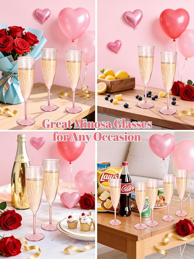 WDF 36PCS Pink Champagne Flutes Plastic - 6OZ Pink Disposable Champagne Flutes Party Supplies for Wedding Birthday Parties Valentine's Day Galentine's Day (Pack of 2)
