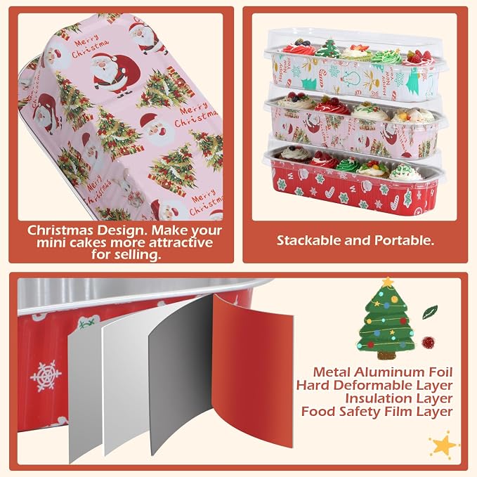 50Pack Mixcolor Christmas Mini Cake Pans with Lids and Spoons Mini Loaf Pans with Lids, 6.8Oz Aluminum Foil Pans Tins, Individual Dessert Cups Containers for Sales,Party,Picnics