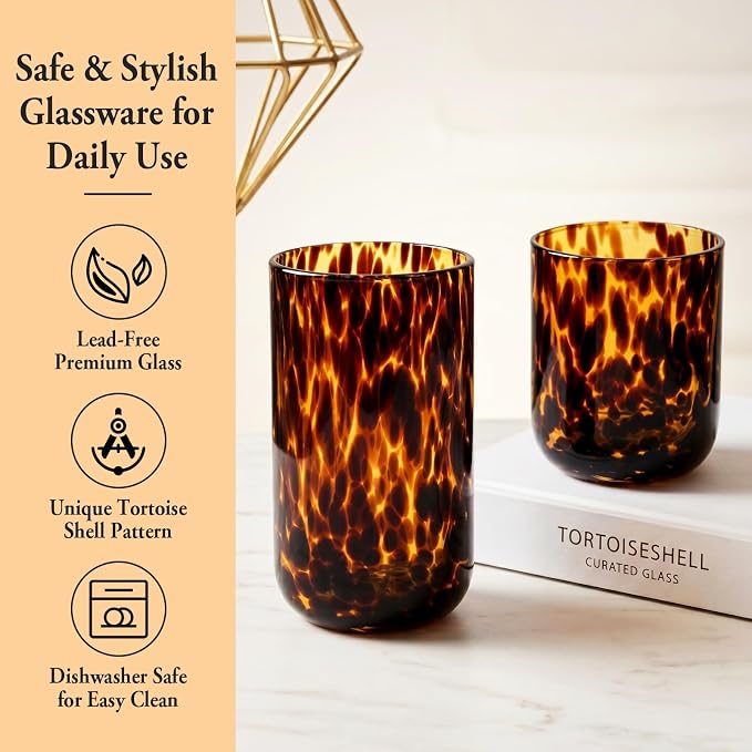 Tortoise Shell Drinking Glasses Set of 4, Brown Decorative Tortoise Shell Tumbler Cups for Wine & Drinks，Drinking Glasses for Wedding Gifts, Housewarming, Cocktail Party (4, 10oz+15oz)