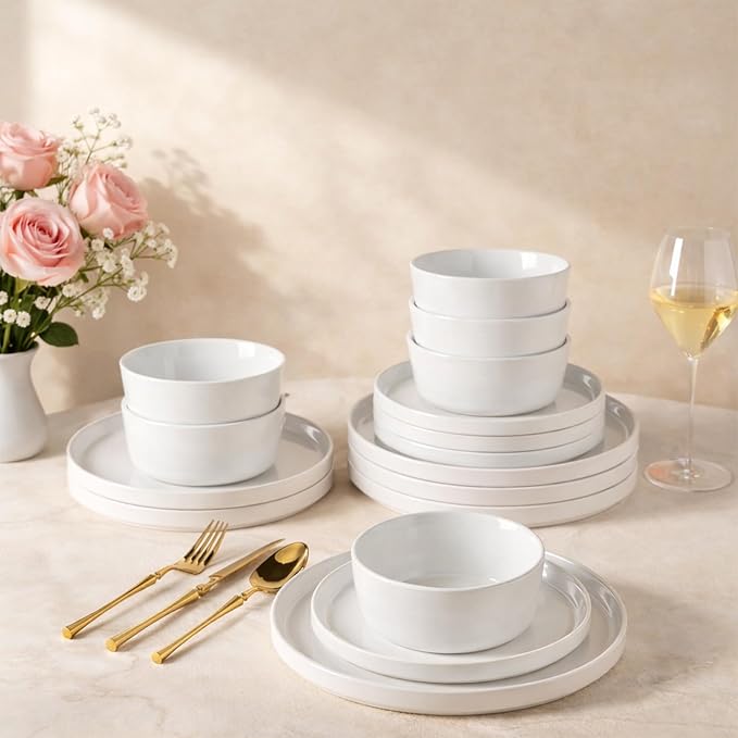 AmorArc Ceramic Dinnerware Sets for 4, Modern Flat Stoneware Plates and Bowls Sets,Chip and Crack Resistant | Dishwasher & Microwave Safe Dishes Set,Scratch Resistant- Service for 4 (12pc)-Matte White
