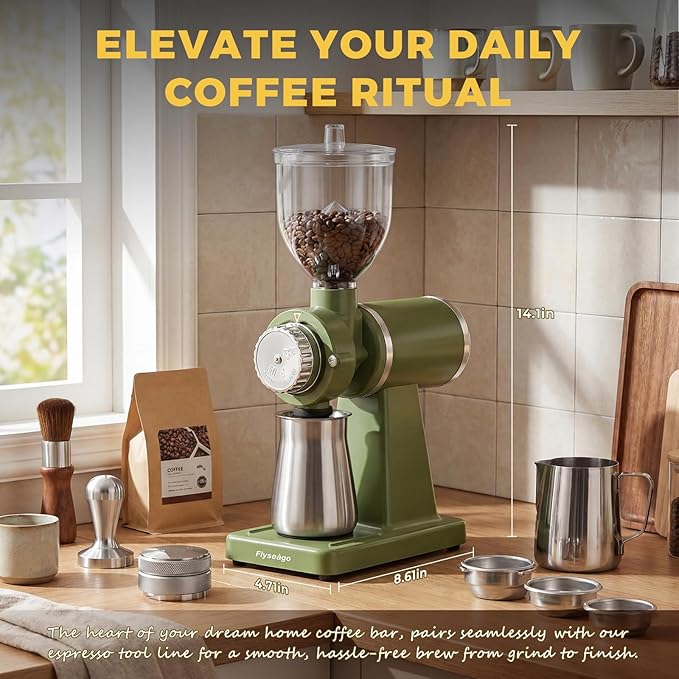 Electric Burr Coffee Grinders for Home Use, 8 Adjustable Settings Stainless Steel Flat Burr, Quiet Low Static Design for Espresso Pour Over French Press, Cream Style Green
