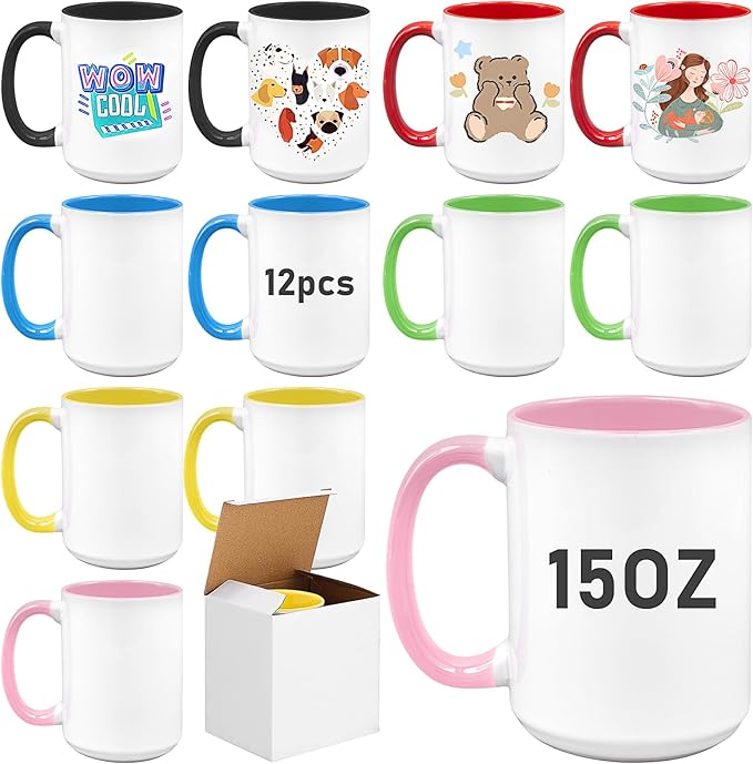 12 Pack Sublimation Mugs Blank,15oz Tazas Para Sublimacion,DIY Coated Ceramic Coffee Mug for Milk Tea Latte Hot Cocoa,Porcelain Sublimacion Cups with Box,Assorted Colors