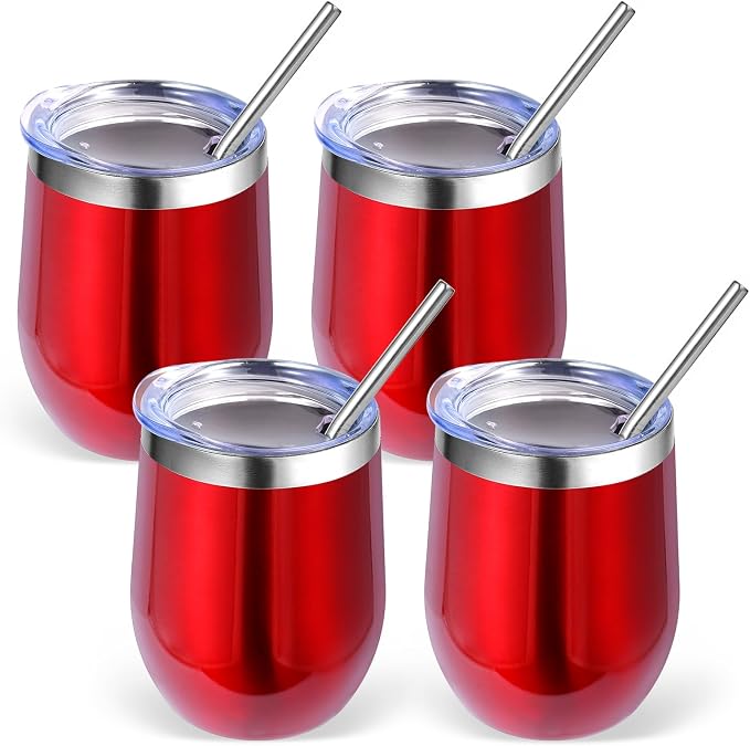 Volhoply 12oz Stainless Steel Wine Tumbler with Lid Bulk 4 Pack,Double Wall Vacuum Stemless Wine Glasses,Reusable Metal Travel Coffe Mug with Straw,Insulated Cup Gifts for Women,Christmas（Red,4 Set）