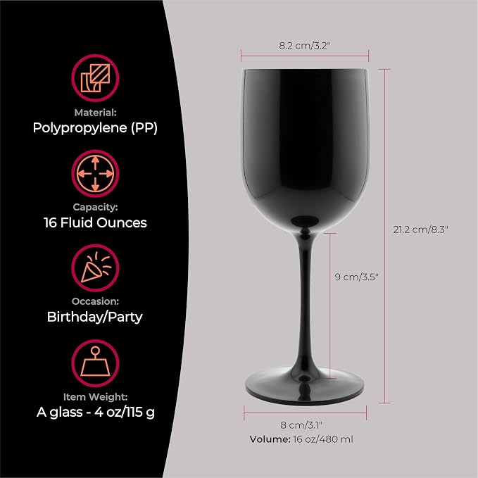 FOX & GRAPES Plastic Stemmed Wine Glasses | Unbreakable/Shatterproof, Reusable, Food Safe, Dishwasher Safe, For Birthday and Party, 16oz (Black, Set of 12)