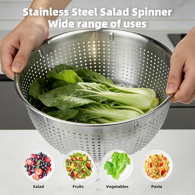 6L Stainless Steel Salad Spinner with Bonus Tong – Large Vegetable Spinner, Fruit Washer & Lettuce Dryer, Dishwasher‑Safe Stainless Salad Spinner with Strainer Bowl for Greens, Pasta & Small Fruits