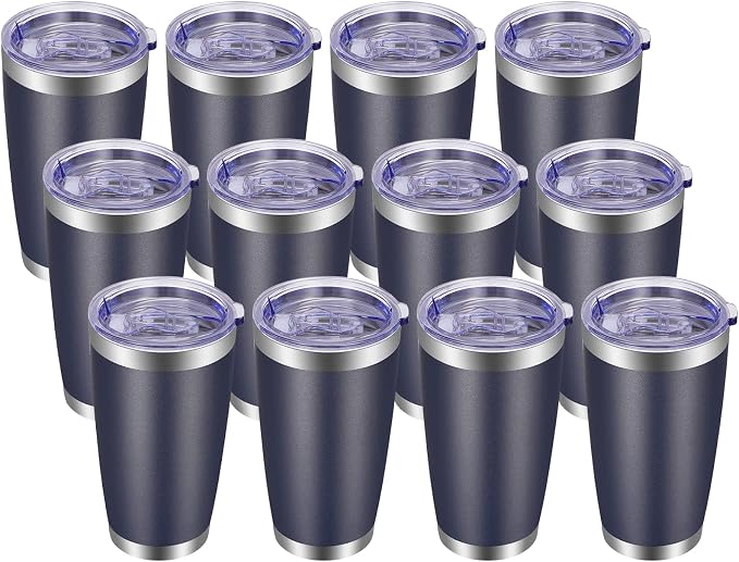 VEGOND 20oz Tumbler with Lid and Straw Stainless Steel Tumbler Cup Bulk Vacuum Insulated Double Wall Travel Coffee Mug Powder Coated Coffee Cup, Navy Blue, 12 Pack