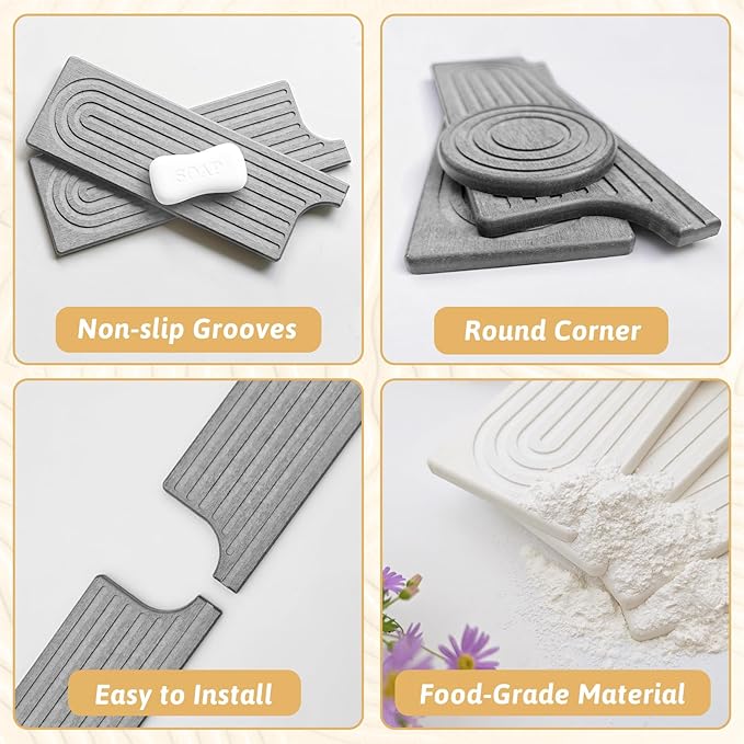 Diatomite Sink Faucet Splash Guard U Shape, 24" Large Stone Sink Tray, Modern Faucet Handle Drip Catcher Stone, Durable Faucet Draining Mat Protector for Kitchen Bathroom Island Counter, Light Grey