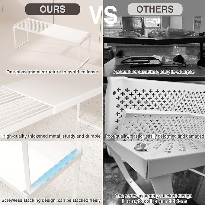 Magheo Expandable Cabinet Shelf Organizer, 2 Pack Stackable Kitchen Counter Shelf Riser, Metal Spice Rack Adjustable Heavy Duty Countertop Organizer Storage for Kitchen, Pantry, Cupboard, Rv (White)