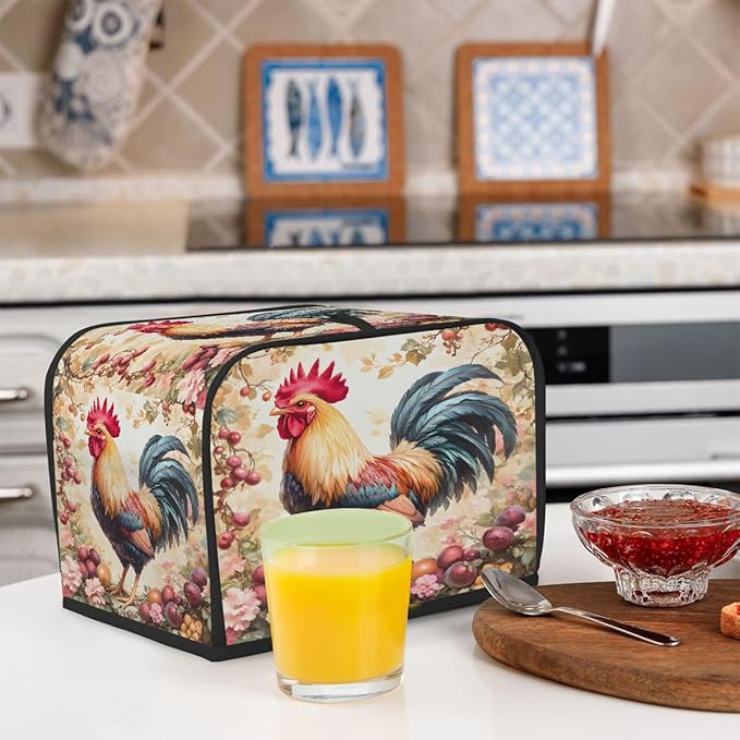 Rooster Flower Animal Toaster Cover 4 Slice Dust and Fingerprint Protection Toaster Bread Maker Covers Washable Kitchen Small Appliance Covers for Kitchen Accessories Decor Bakeware Women Gift