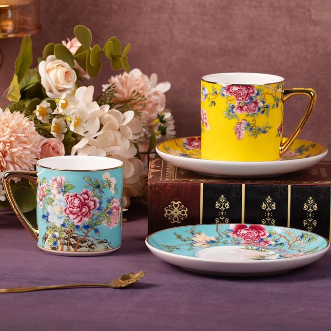 KAMMAK Tea Cups and Saucers Set of 2, Porcelain Coffee Cups, 7.5oz Stackable Espresso Mugs, Ceramic Demitasse for Coffee, Latte, Americano, Tea (633N+634N)