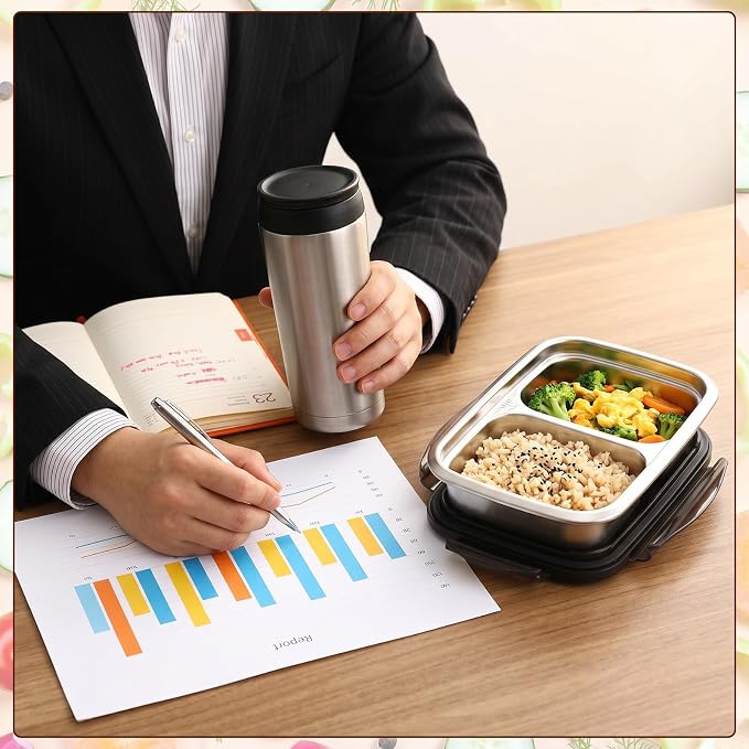 12 Pack 304 Stainless Steel Food Storage Containers 2 Compartment Food Grade Metal Lunch Bento Boxes with Airtight Lid 13 oz/380ml Meal Prep Container Freezer Dishwasher Safe