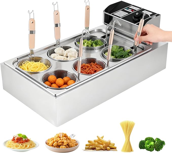 Commercial Electric Pasta Cooker with 6 Baskets, Stainless Steel, 50-300℃ Temperature Control, 110V Noodle Cooking Machine for Restaurant.