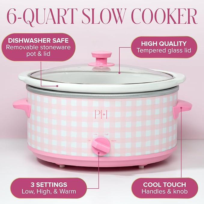 Paris Hilton 6-Quart Manual Slow Cooker, Features Three Settings (Low, High, Warm), Naturally Nonstick and Dishwasher Safe Stoneware Insert, Family Sized Capacity, Gingham Pink