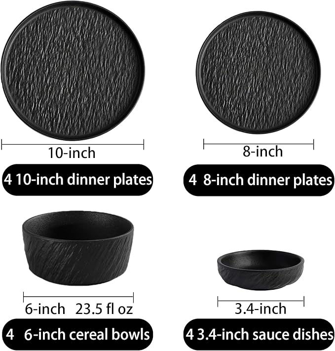 Ceramic Dinnerware set for 4 Matte Black, 16 pcs, Dish set for 4 | Kitchen Plates and Bowls Set Porcelain, Rock-Textured Dishware Sets Stoneware Dinner Plates Sets Platos de Cocina Vajilla