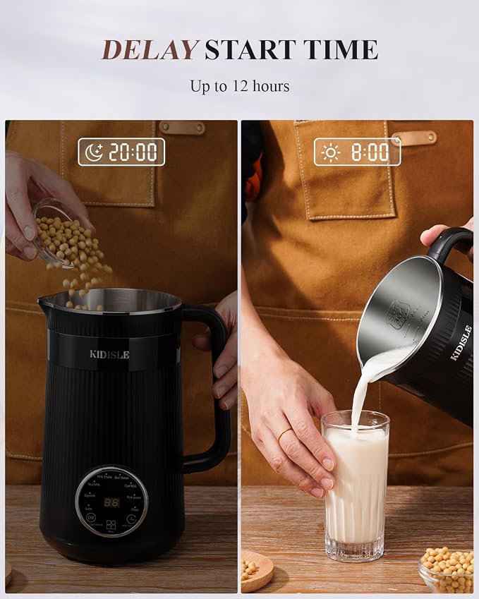 KIDISLE 32oz Nut Milk Maker Machine for Homemade Almond, Oat, Coconut, and Soy Milk, 8-in-1 Automatic Plant-Based Beverage Maker with 12H Delay Start, Keep Warm, Self-Cleaning & Boil Water Function, Black