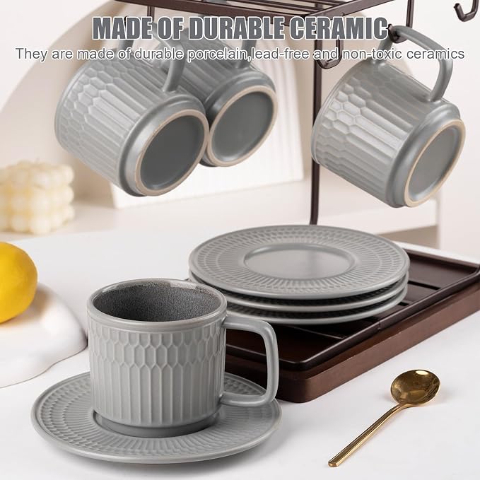 8oz Cappuccino Cups with Saucers Set of 4, 8 Ounce Stackable Embossed Ceramic Coffee Mugs for Specialty Coffee Drinks, Latte Mugs, Cafe Mocha and Tea, Dishwasher & Microwave Safe (Grey)