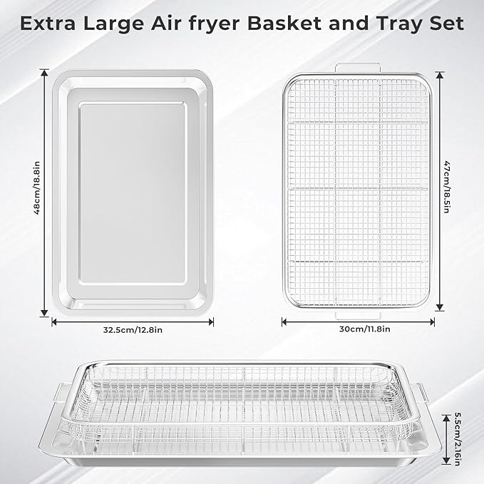 Air Fryer Basket for Oven,Extra Large 18.8" x 12.8" Oven Air Fryer Basket and Tray Set with 30 PCS Parchment Papers, THORSES Thickened Stainless Steel Air Fryer Pan and Crisper Tray for Frying Baking