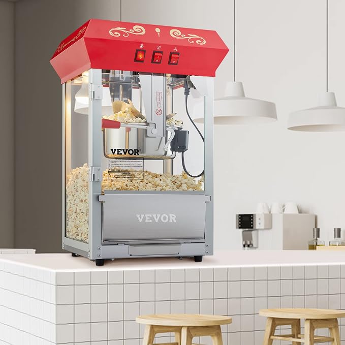 VEVOR Commercial Popcorn Machine, 8 Oz Kettle, 850 W Countertop Popcorn Maker for 48 Cups per Batch, Theater Style Popper with 3-Switch Control Steel Frame Tempered Glass Doors 2 Scoops 2 Spoons, Red | 48 Cups per Batch, Theater Style Popper with 3-Swi...
