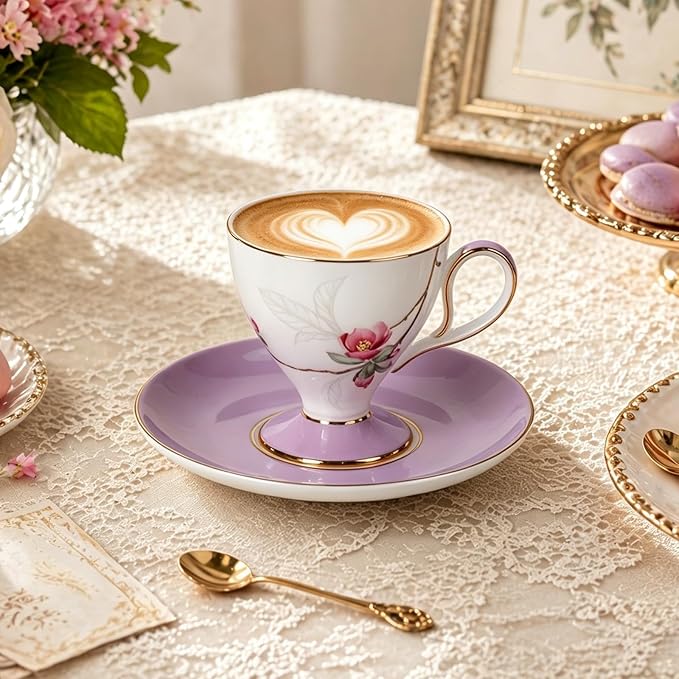 KAMMAK Ceramic Coffee Cups Saucers Set of 2, Porcelain Espresso Cup with Saucer, 8.45 oz Handmade Elegant Bone China Tea Cups, Purple Floral Demitasse Cup for Latte, Americano, Cappuccino