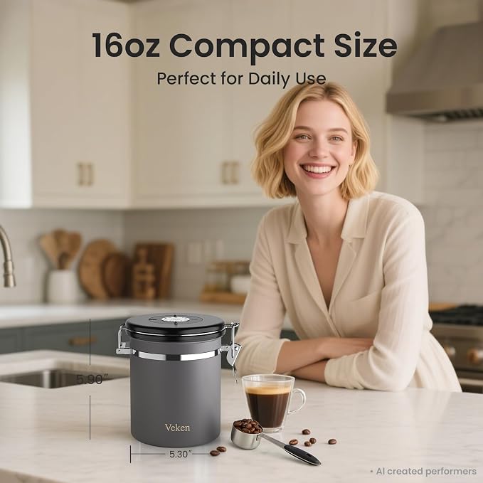 Veken Coffee Canister, Airtight Stainless Steel Kitchen Food Storage Container Holder for Beans, Ground, Tea, Flour, Cereal, Sugar, Espresso, Bar Accessories, Lids, Jars, Sealed Tin, Scoop,16OZ, Gray