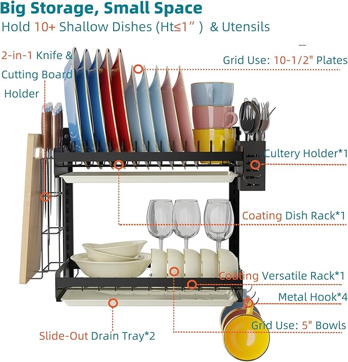 Hanging Wall Mounted Dish Drying Rack with Cutting Board Rack*1, Hook*4, Drain Tray*2, Apartment & RV Wall Mounted Dish Rack, Adhesive Mountable, 2 Layers & 16“ Long, Counter Free (Black)