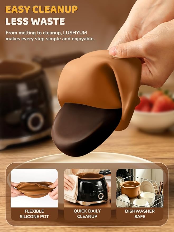 LUSHYUM Electric Chocolate Melting Pot with 2 Insert Pots, 4-Cup Chocolate | Even Heating, Fast Melting, BPA-Free Silicone, Easy Clean, Less Waste, Ideal for Chocolate, Candy Melts, Parties, Fondue