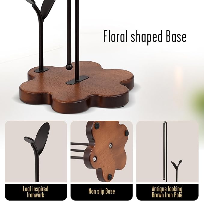 Wooden Paper Towel Holder Countertop, Floral Base with Dual Iron Rods in Antique Brown Finish, Leaf-Shaped Accent, Stable & Durable, Non Slip Pads, Elegant Kitchen/Dining Décor