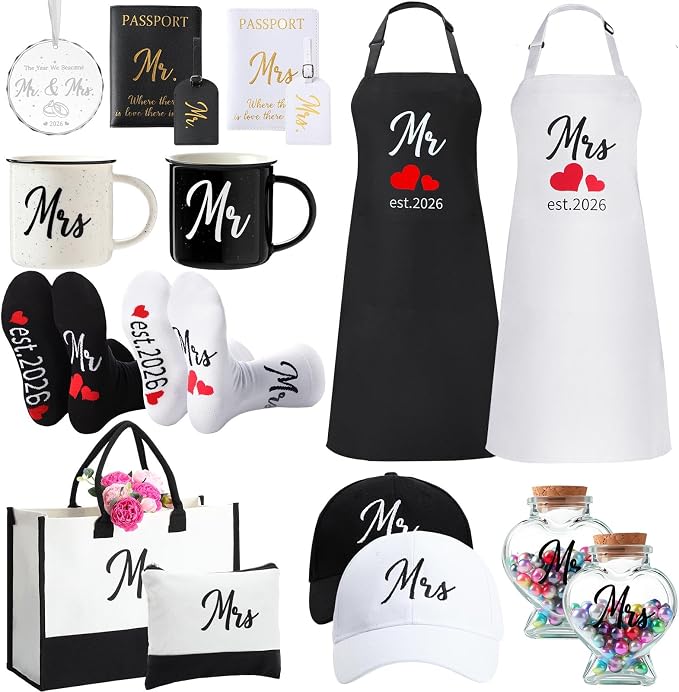 15 Pcs 2026 Wedding Gift Mr and Mrs Gifts for Couples Set, Mr and Mrs Aprons Wedding Honeymoon Bridal Shower Cooking Gifts Ideas for Bride Groom Engagement Anniversary Travel(Bride)