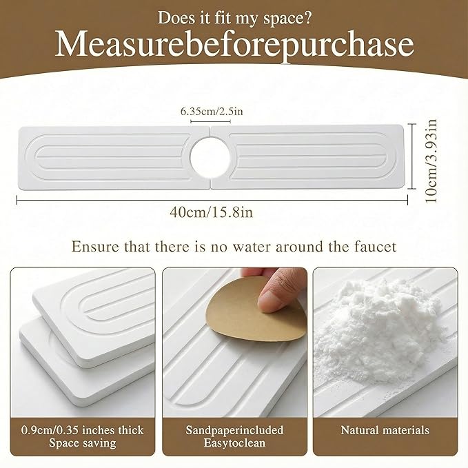 Faucet Mat for Kitchen Sink -Diatomite Stone Drying Mat for Kitchen Counter & Bathroom Sink,Quick-Dry Kitchen Sink Mat-Sink Protector & Splash Guard,Super Absorbent (White, 15.8"x4")