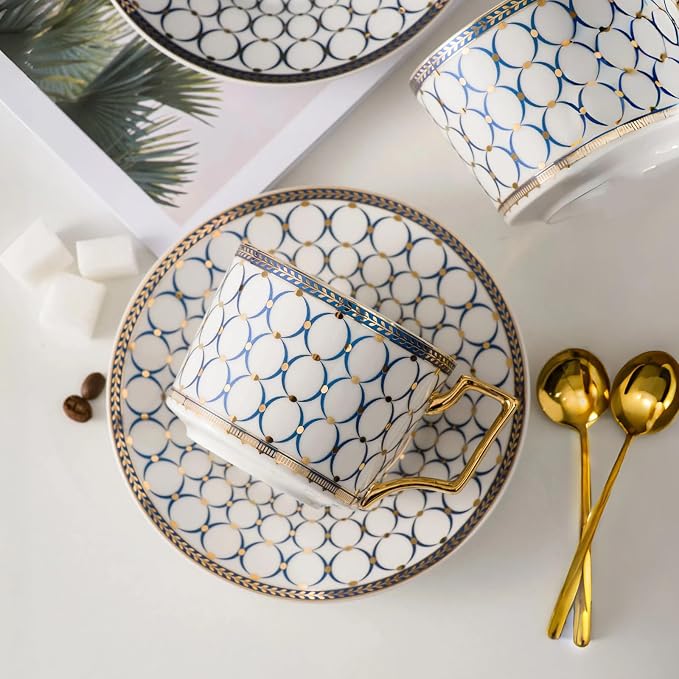 CwlwGO-European style cup and saucer set, 7 oz (about 198.4 grams) bone china exquisite glazed platinum tea cup and saucer (two sets), golden spoon, mug, cappuccino, latte, MOCHA, elegant female suit.