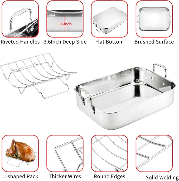 JY COOKMENT Roasting Pan with Baking Rack, 16.5 Inch Stainless Steel Turkey Roaster with Rack, Baster. Great for Turkey, Chicken, Ham, Vegetables