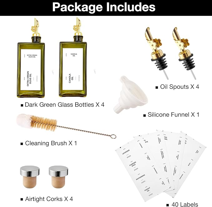 Olive Oil Dispenser Bottle for Kitchen, 16.9oz /500ml Cooking Vinegar Dispenser Bottle Set, Glass Sauce Container, Labels, Brush, Funnel, Stoppers, Green for Oil, Wine