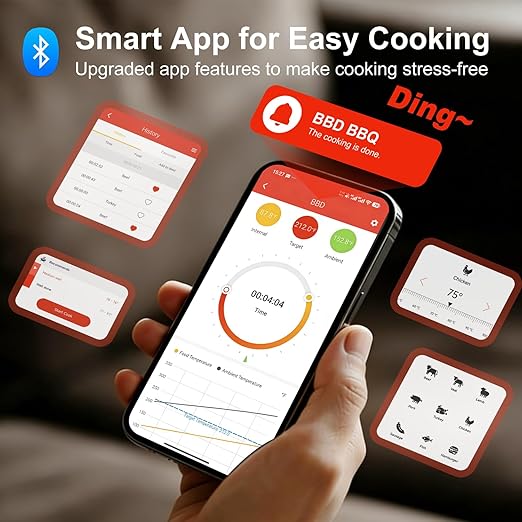 Smart Wireless Meat Thermometer 230FT Remote Food Thermometer Meat with Bluetooth Standalone Base Thermometer Digital Wireless for Remote Monitoring of BBQ, Oven, Kitchen,Grill,Matte Black