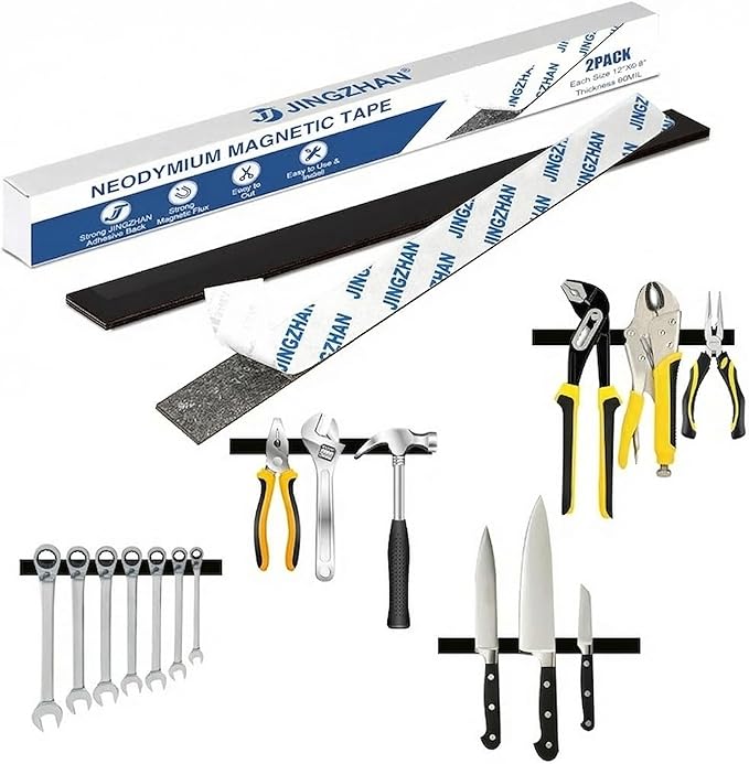 2-Pack Strong Magnetic Tape with Adhesive - Heavy Duty NdFeB Magnetic Strips (12" x 0.8"), Flexible & Cuttable for Tools, Fridge, Whiteboard, Garage Storage