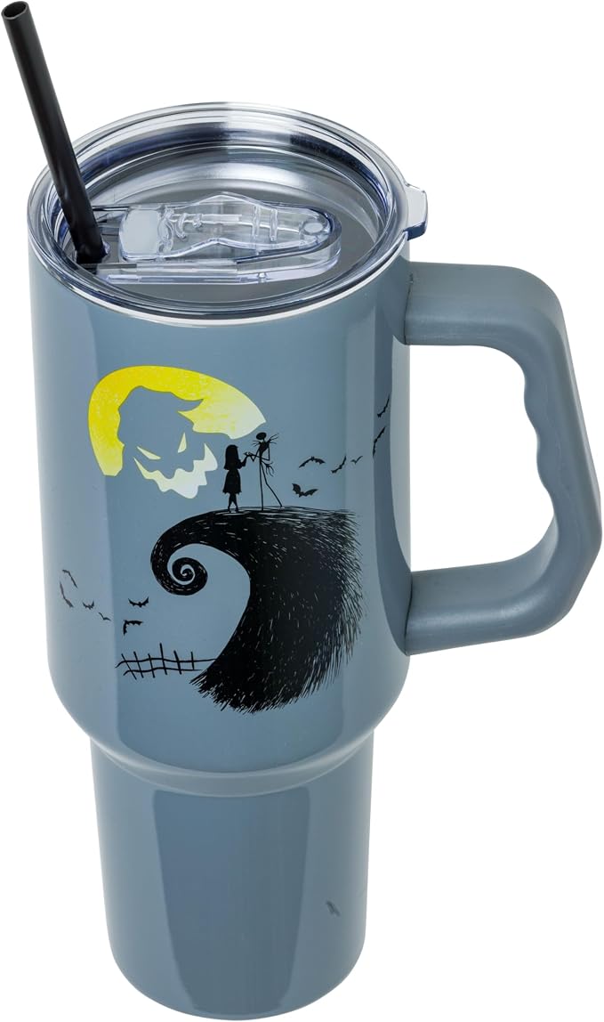 Silver Buffalo Disney Nightmare Before Christmas Featuring Oogie Boogie, Jack Skellington, and Sally Double Walled Stainless Steel Tumbler with Handle and Straw, Fits in Standard Cup Holder, 40 Ounces