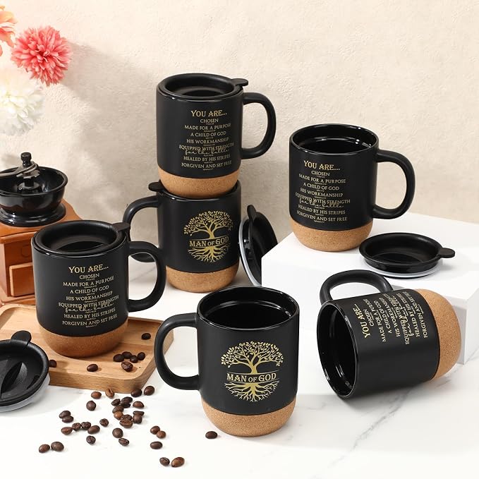 Didaey 6 Pcs Man of God Gifts for Men Christian Mugs Bulk with Cork Bottom 15 oz Bible Verses Cup Ceramic Religious Coffee Mug Thank You Gift for Father Dad Grandpa Church Christmas (Black)