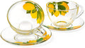 STP GOODS Glass Tea Cup and Saucer Set of 2 Glass Teacups 6.8 fl oz (200 ml) Cups with Matching Saucers for Two, Tea Coffee Set for 2, Coffee Cups, Dishwasher and Microwave safe (Lemons)